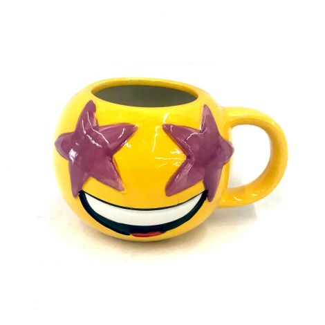 Yellow Emoji Round Mug,  Excited,  Star Eyes, Face With Starry Eyes