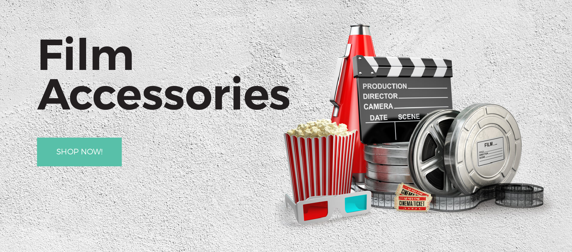 Film accessories containing images of film, glasses, popcorn, Fire matches with shop now button